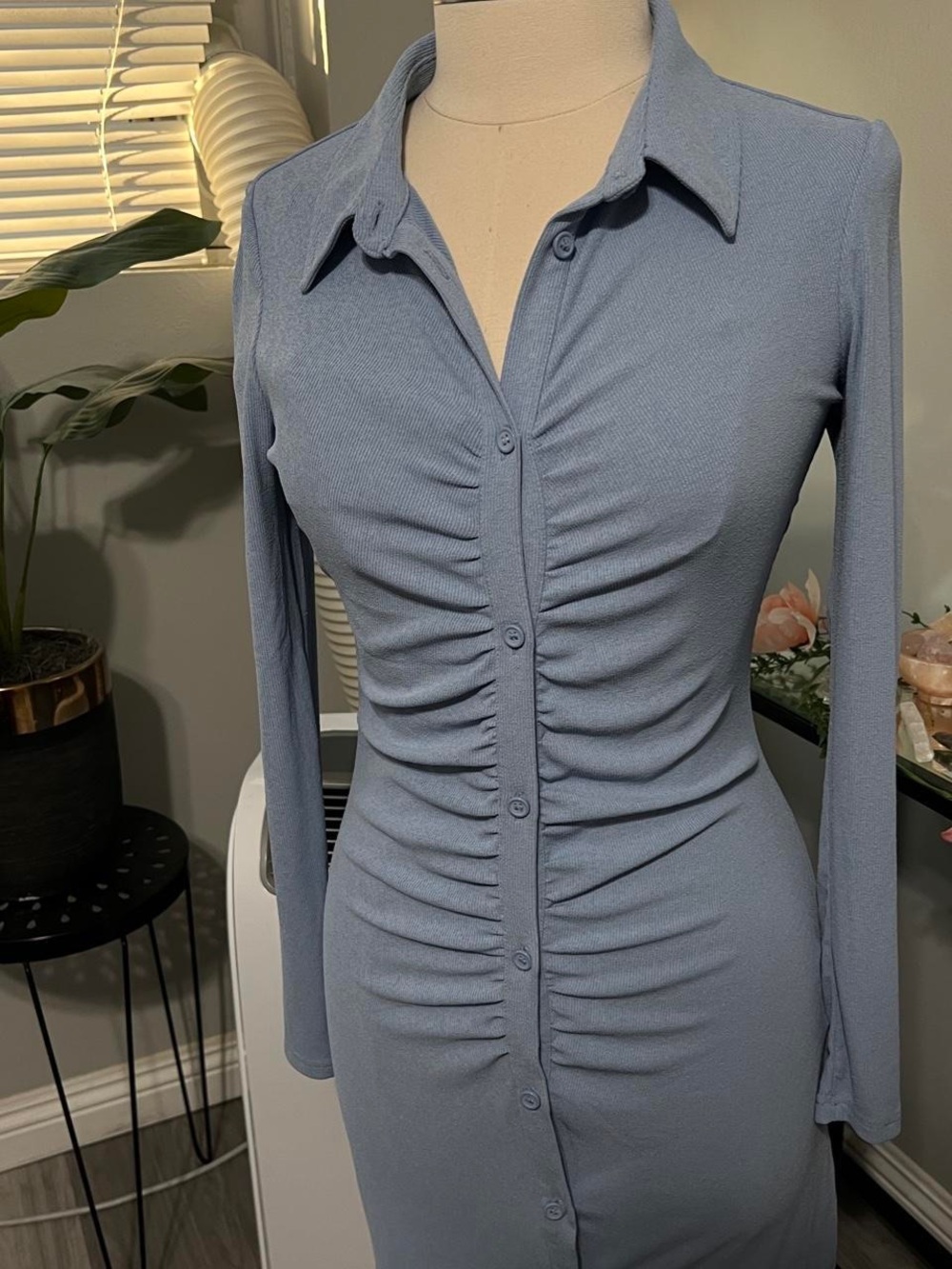 H&M Dusty Blue Ruched Button-Front Long Sleeve Dress